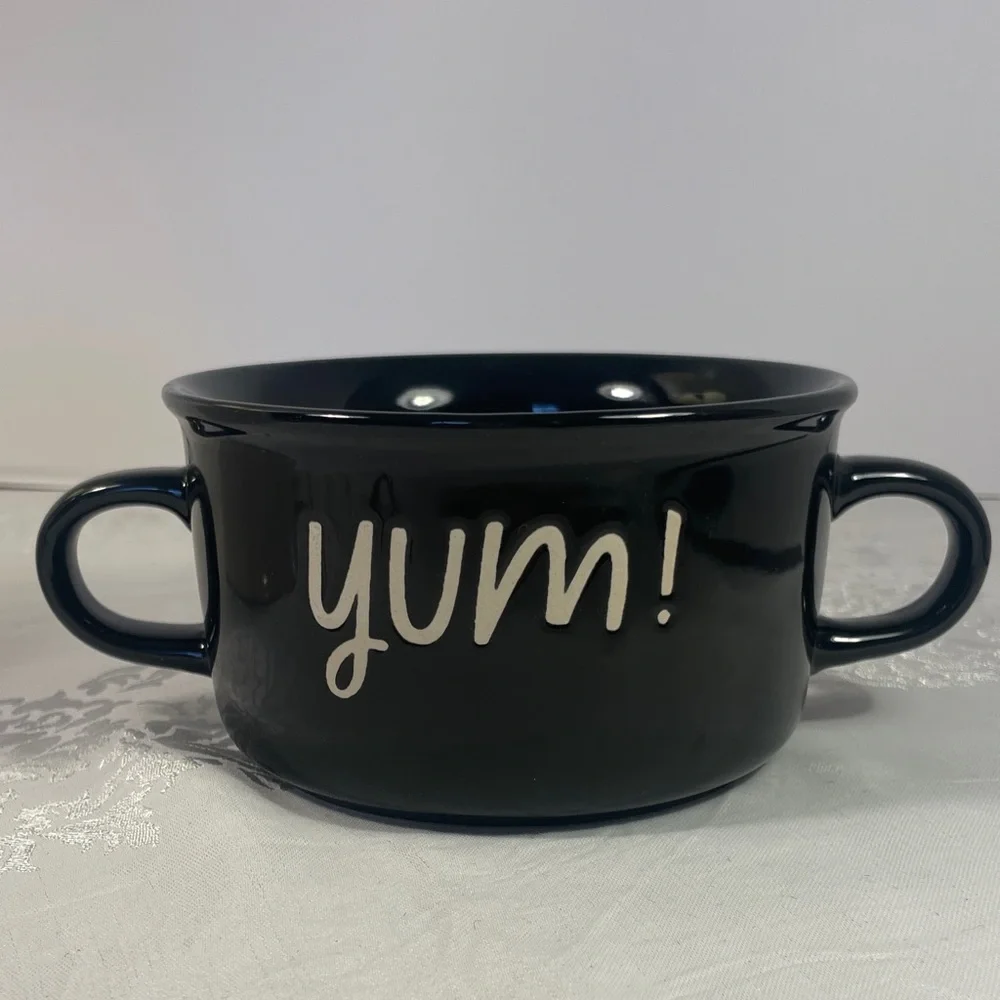 YUM! Black Ceramic Soup Bowl with Handles 7 1/2” L X 3” H NWOT